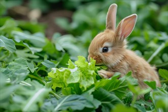 Cute bunny eating salad in garden. KI generiert, generiert, AI generated