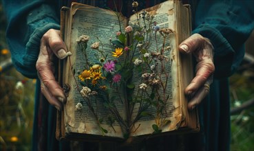 Hands holding an open old book with wildflowers blooming from its pages, closeup view AI generated