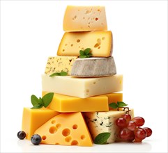 Stacked assorted cheeses accompanied by grapes and blueberries, AI generated