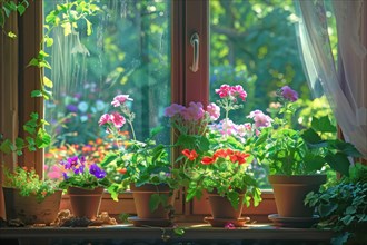Vibrant potted flowers bask in sunlight on a wooden window sill, overlooking a lush green