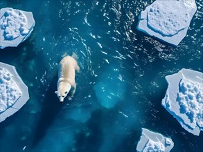 Polar bear traversing fragmented arctic sea ice, AI generated