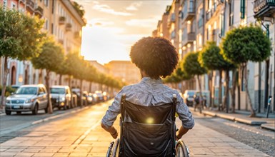 Back view of a young woman in a wheelchair adventuring down a city street at sunset, AI generated