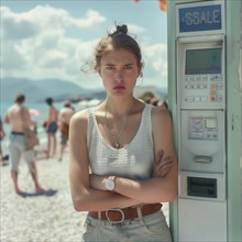 Teenage girl with a critical expression stands in front of a vending machine on a sunny beach, AI
