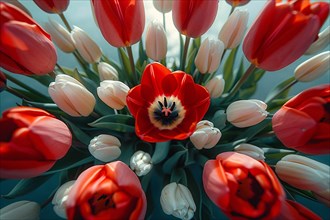 Close-up of red and white tulips creating a vivid and fresh floral background, AI generated
