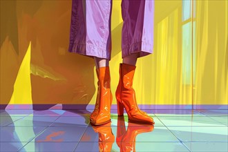 Person standing in orange boots and purple pants on a reflective surface, AI generated