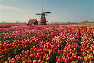 Vast pink tulip field with a Dutch windmill standing tall against a clear blue sky, AI generated