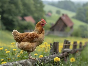 A chicken on a fence with raindrops surrounding it, near yellow flowers, AI generiert, AI generated