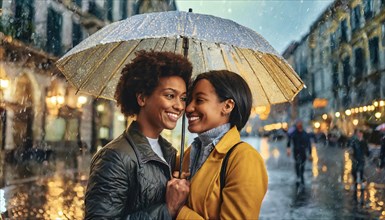 Two friends smiling under a yellow umbrella on a rainy evening in the city, blurry city background