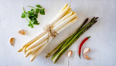 Fresh white and green asparagus on a rustic white background next to chilli and garlic, fresh white