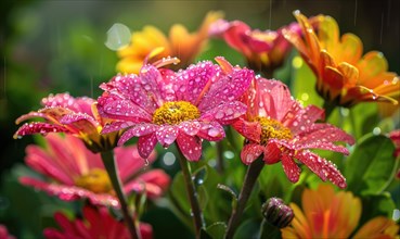 Raindrops clinging to the petals of colorful blooming flowers in a garden, closeup view AI
