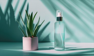 A blank spray bottle mockup containing aloe vera mist, nature cosmetic AI generated