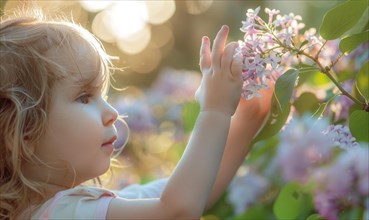 A child reaching out to touch a blooming lilac flower AI generated