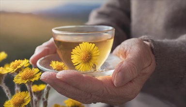 A cup of coltsfoot flower tea in the hand of a person, embedded in a natural mountain environment,