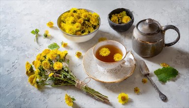 Still life with tea and yellow flowers on a light background, medicinal plant coltsfoot, Tussilago