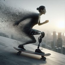 A kinetic human sculpture skateboards with a realistic motion blur against a city skyline, AI