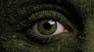 Close-up of an eye with mossy textures melding with greenery, moss growing and thriving, creating a