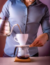 Methodical coffee preparation with a pour-over filter, warm atmospheric lighting, Vertical aspect