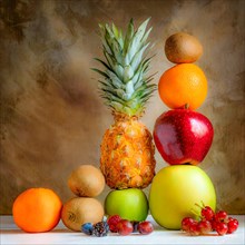 Colorful still life of various fruits with a pineapple as a centerpiece, textured backdrop, AI