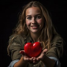 Young woman presents a red heart with a hopeful smile, AI generated