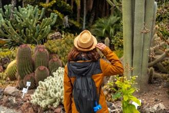 A tourist woman with hat on her back enjoying in a tropical botanical garden with many captus