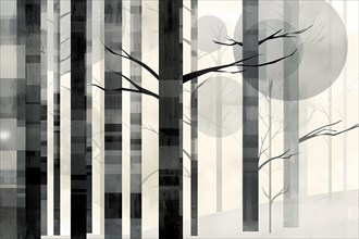 Stylized monochrome image of a calm forest with abstract trees, conveying a minimalist feel,