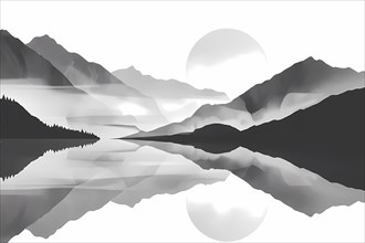 Monochrome landscape of mountains with reflections in a serene lake, illustration, AI generated