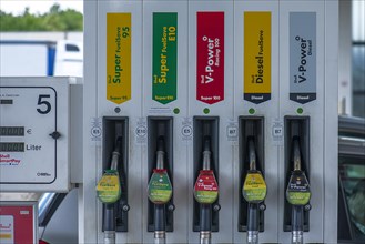Five fuel offers at a petrol pump at a motorway service station, Thuringia, Germany, Europe