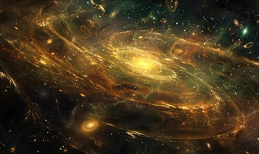 Dynamic swirl of golden-hued galaxies with a multitude of stars AI generated