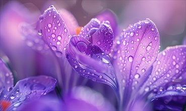 A close-up of delicate violet crocuses with dewdrops glistening on their petals AI generated