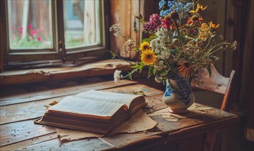 Antique desk with an open old book and a vase of wildflowers AI generated