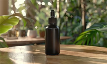 Matte black glass bottle mockup housing a premium quality beard oil enriched with natural oils and