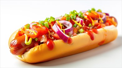 Gourmet hotdog with colorful toppings on white background, AI generated