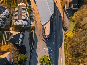 Details of an overpass with road traffic, captured from the air at dusk, Calw, Black Forest,