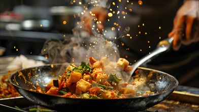 Indian chaat. A dynamic culinary scene capturing a chef skillfully tossing a vibrant stir fry in a