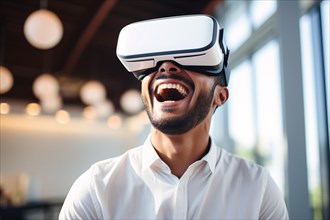 Laughing man with virtual reality VR glasses. KI generiert, generiert, AI generated