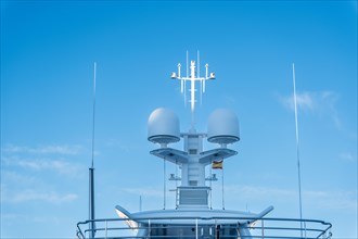 Radar system on the yacht in the old harbour of Barcelona, Spain, Europe