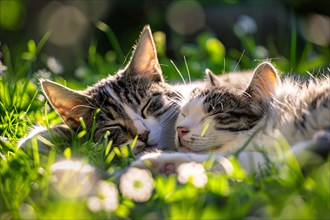 Lovely cats cuddling while sleeping in grass. KI generiert, generiert, AI generated
