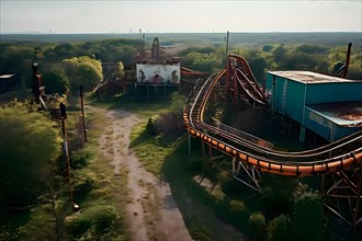 Aerial view of a bandoned amusement park overgrown with vegetation and rusting roller coasters, AI