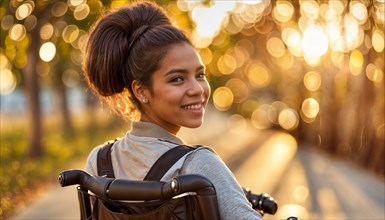 A smiling woman in a wheelchair enjoying a sunset with warm golden tones around her, AI generated