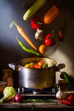 Various vegetables floating in the air above a cooking pot, various fresh vegetables next to it, in