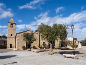 Village square with church, San Pantaleo, Sardinia, Italy, Europe