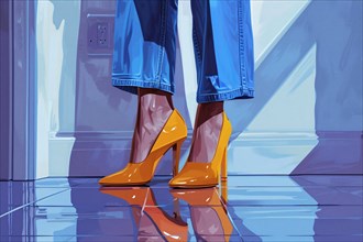 Fashion illustration of a woman in blue jeans and orange heels with a reflective floor, AI