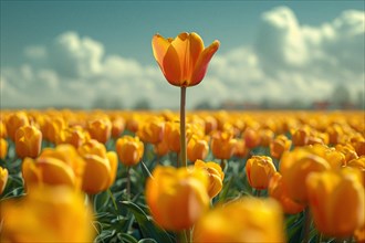A solitary orange tulip stands out in sharp focus against a field, AI generated