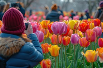 People enjoying photography in a vibrant field of orange and pink tulips, AI generated