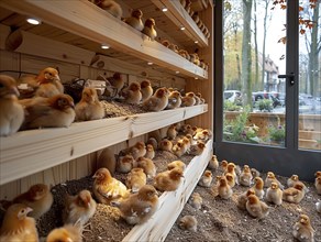 Multiple rows of chicks housed on wooden shelving indoors, AI generiert, AI generated