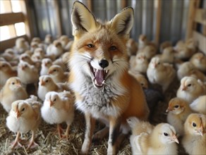 Fox sits quietly between chicks in a barn on straw, AI generated, AI generated