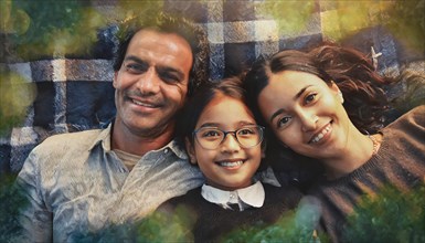 Happy family lying on a picnic blanket outdoors with a bokeh effect, AI generated