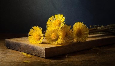 The photo shows yellow coltsfoot flowers arranged on a wooden background with shade, medicinal