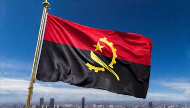 Flag, the national flag of Angola flutters in the wind
