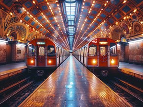 Zwei U-Bahnen an einer prachtvoll dekorierten Station mit auffaelliger Beleuchtung und Design,